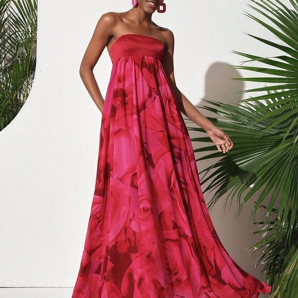 Red Preppy Women's Strapless Maxi Dress With Big Flower Print - Picture 3 of 5